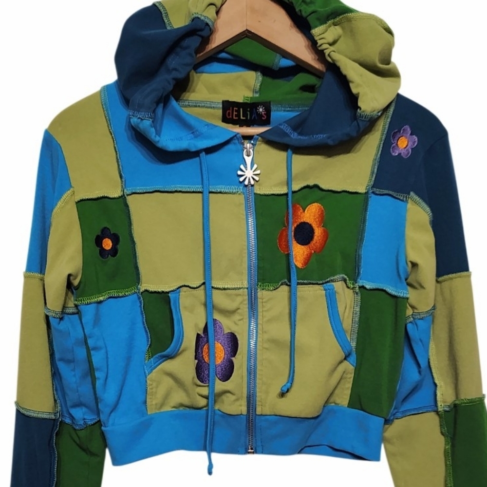dELiA*s Patchwork Flower Hoodie - Blue, Green, Olive